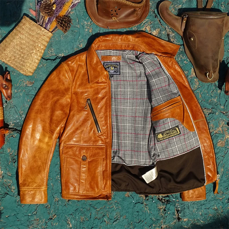 Classic Newsboy Style Vintage American Leather Jacket Honey Wax Top Layer Horsehide Zipper Closure Long Sleeve Men's Coat