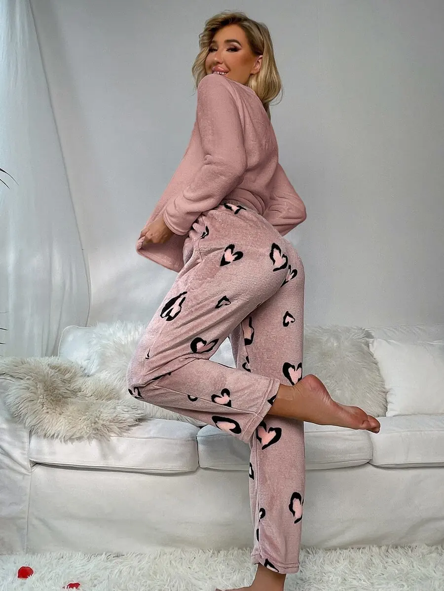

Heart Print Flannel Pajama Set For Women Cozy Sleepwear Fall Winter