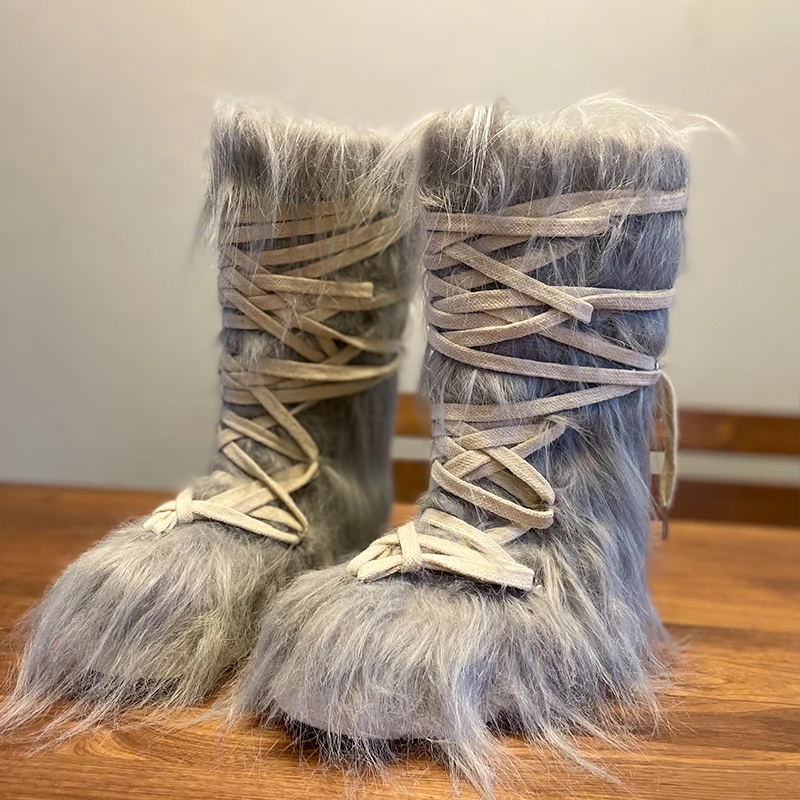 Grey Furry Cross-Strap Platform Mid-Calf Snow Boots Woman Winter 2024 British Style Fashion Round Toe Boots Shoes for Women