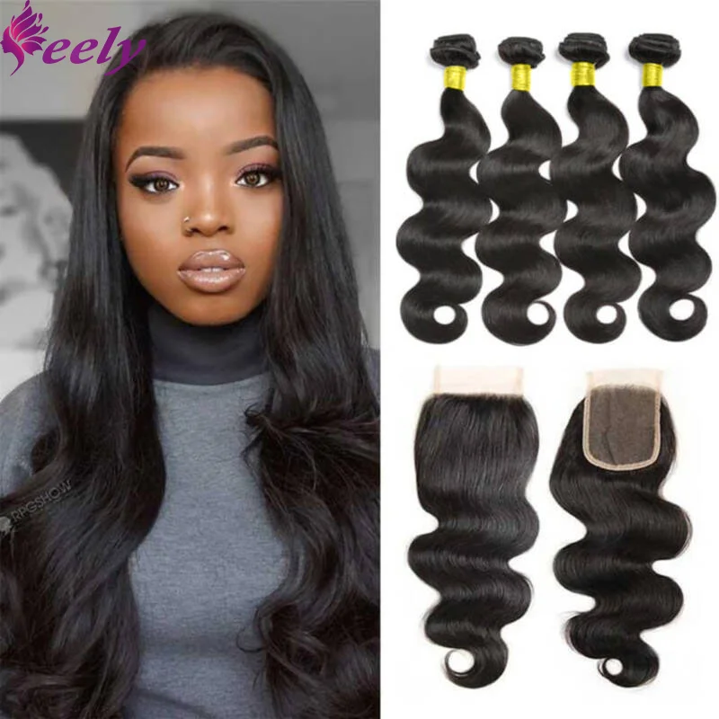 Body Wave Human Hair Bundles With Closure 4x4 Lace Frontal Natural Black Unprocessed Human Hair Bundles With Closure Extensions