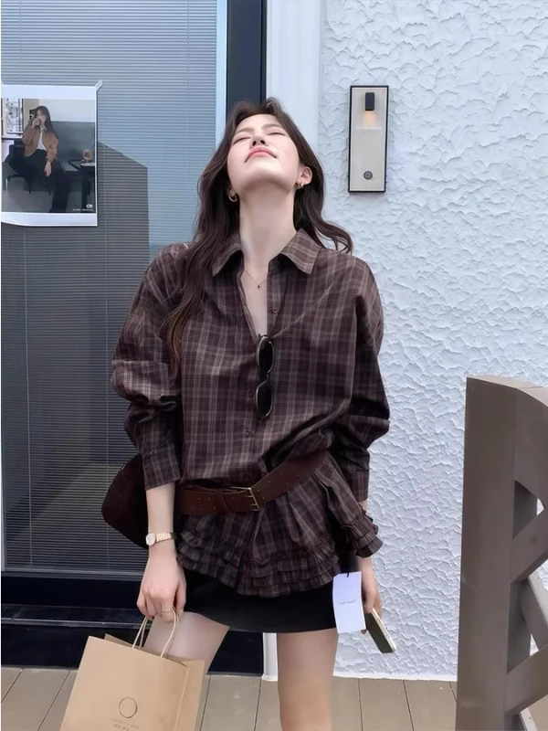 

Ретро-кардиган в американском стиле для женщин, осенний дизайн, свободный крой, в корейском стиле, большие размеры, с длинными рукавами, в клетку, для дерзких девушек