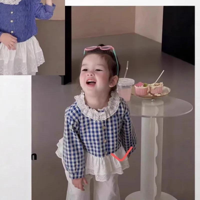 Korean children's clothing2026Girls' unique design patchwork blue plaid round-neck lace doll shirt and casual pants set