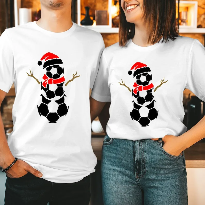 FOOTBALL SNOWMAN Christmas Cotton T-Shirt Rudolph Reindeer Santa Hat Festival Gift Soccer Ball Costume Xmas Family Holiday Shirt