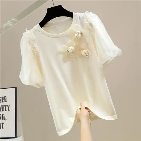 3D Pearl Flower Cotton T-shirt for Women's 2023 Summer New Korean High end Design Sense Top  harajuku