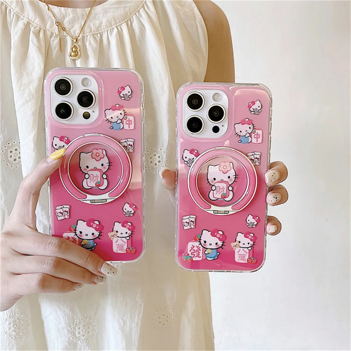 

Funny Cute Pink Hellokitty Phone Case For iPhone 17 16 Pro 14 15 Pro Max Back Cover with Ring Stand Protective Cases
