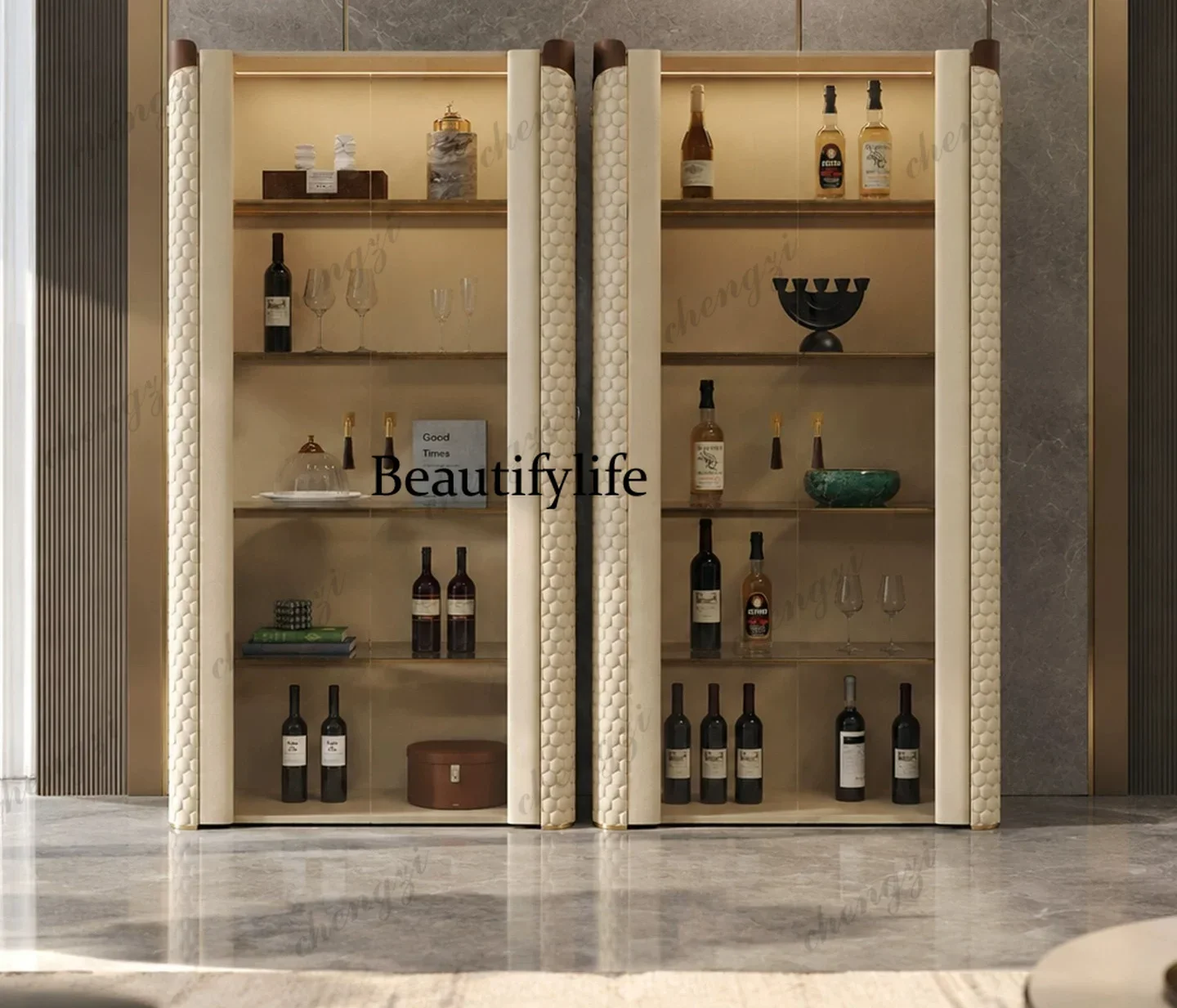 Premium light luxury glass wine cabinet Customized restaurant against the wall, Italian bookcase Cloakroom bag cabinet P182