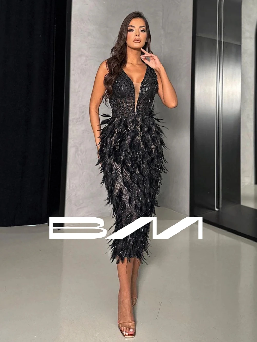 

Midi Black Feathers Sexy Deep V Neckline Evening Dress Customized Dazzling Sleeveless Bodycon Fit Gorgeous Cocktail Gown