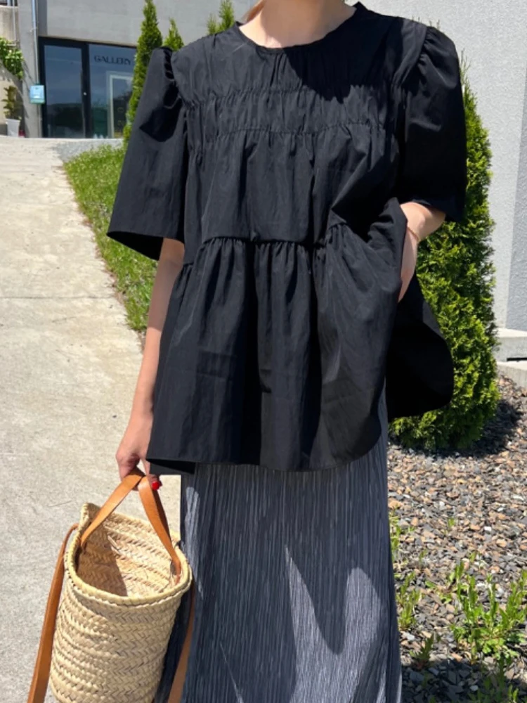 Coreano Sle Bubble Sve irt Donna Sciolto Pieghettato Bambola Estate 2024 Faionable Unico Top rotondo Ne ort Sve Colore Puro