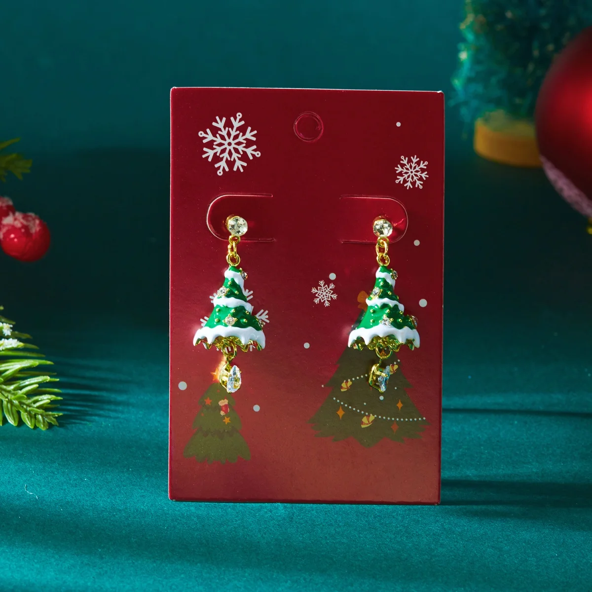 Weihnachtsbaum-Ohrringe, grüne Emaille, weißer Schnee, Strass, Weihnachtsbaum-Tropfenohrringe, Urlaub, baumelnder Schmuck, Geschenke für Frauen und Männer