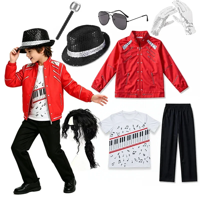 Jungen Sänger Rote Jacke Klavier-Print T-Shirt Schwarze Hose Set Halloween Kinder Bühnen-Cosplay Party-Outfit – Detail 12