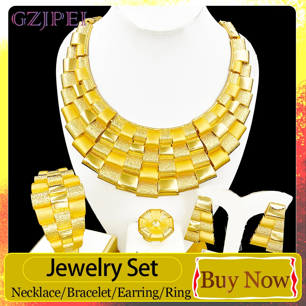 GZJPEI Luxury 18K Gold Plated African Jewelry Set Chunky Wide Collar Necklace Bracelet Ring Earrings Bridal Wedding Jewelry 4PCS