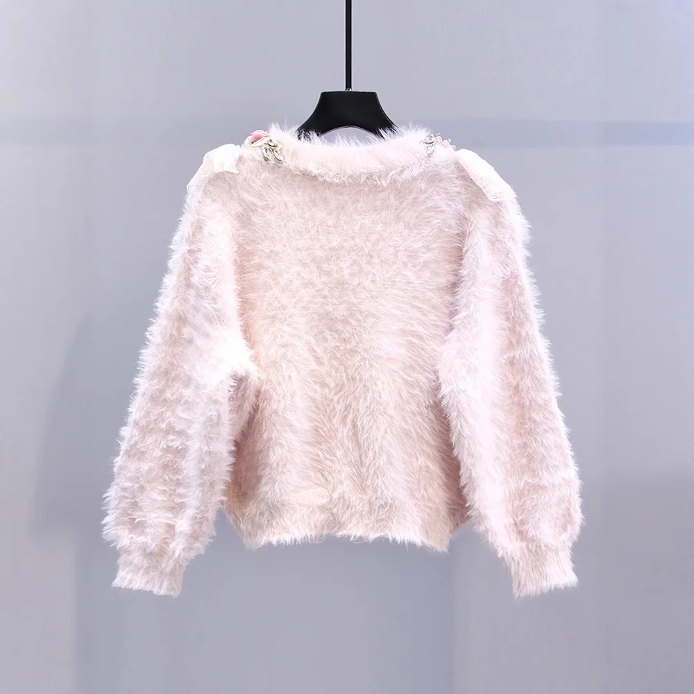 3D Flower Studded Pearl Studded Pleated Velvet Sweater V-neck Single Breasted Warm Soft Jacket Women's Autumn Winter Knitted Top