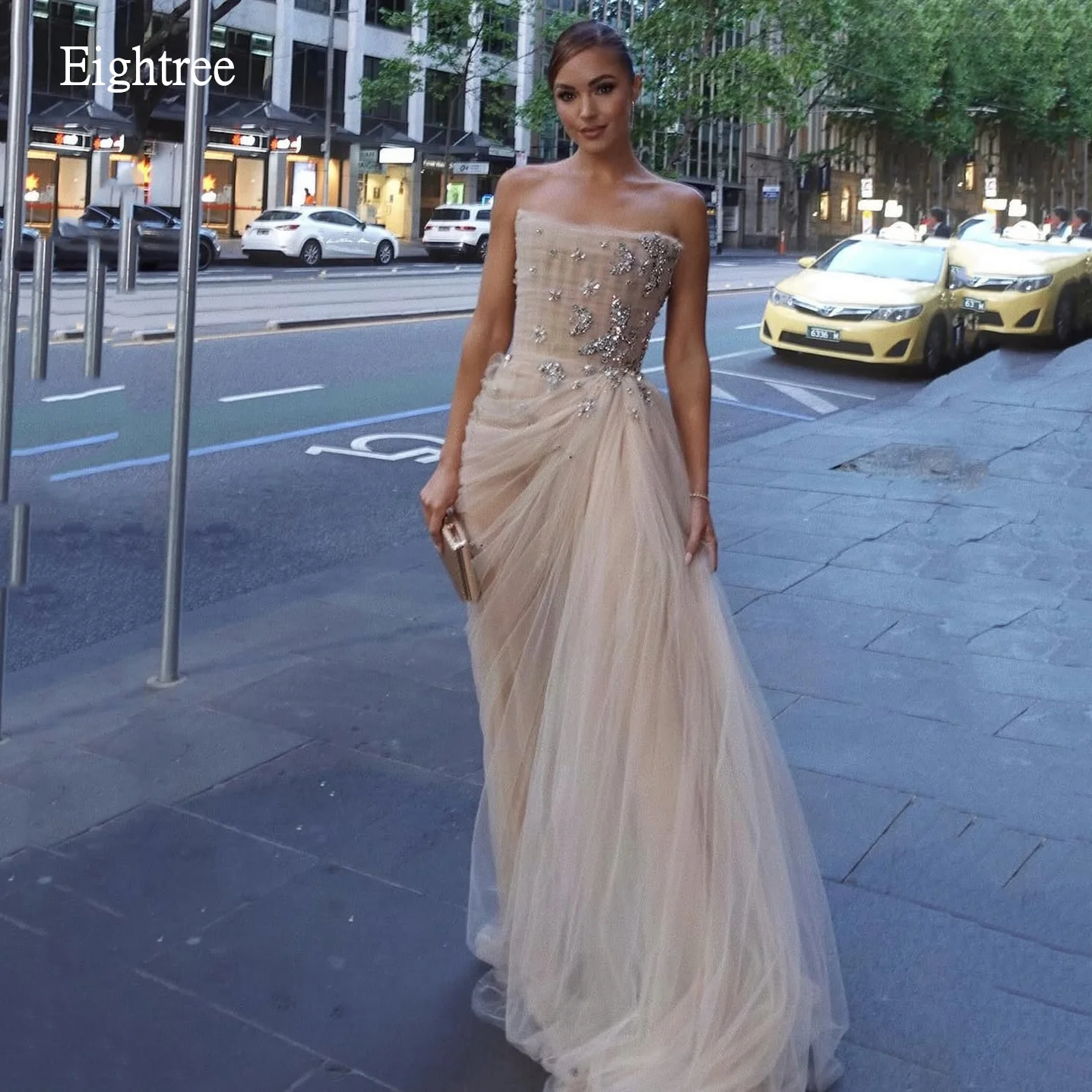 

Eightree Chic Strapless Sequined Mermaid Evening Dresses Backless Side Tail Prom Gown Floor Length Formal Party Gowns Customized
