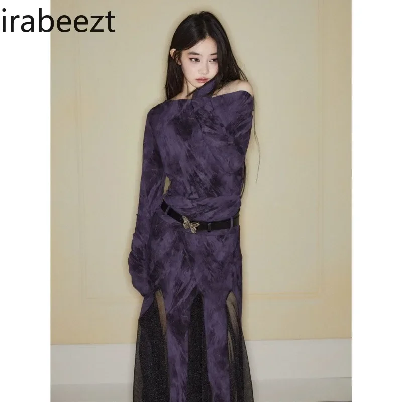 Ladies Dresses Design Sense Purple Skew Collar Long Sleeve Waist Retraction Gauze Spliced Sexy Slim Fitting Skirt Women Clothing