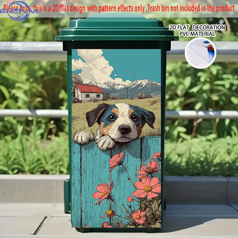 2D Flat Printing 1pc 2D Pattern Printed Kitchen Trash Can Sticker xcm, Puppy Leaning on Railing Gazing at Spring Themed Kitche