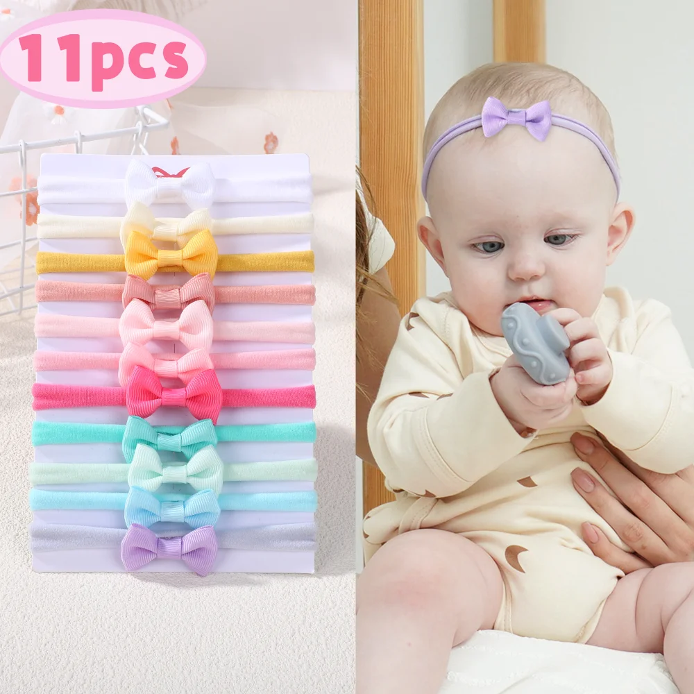 아기 여자 아기 신생아 어린이를위한 11pcs 미니 리본 활 머리띠 세트 나일론 밴드 탄성 Bowknot Hairbands 헤어 액세서리