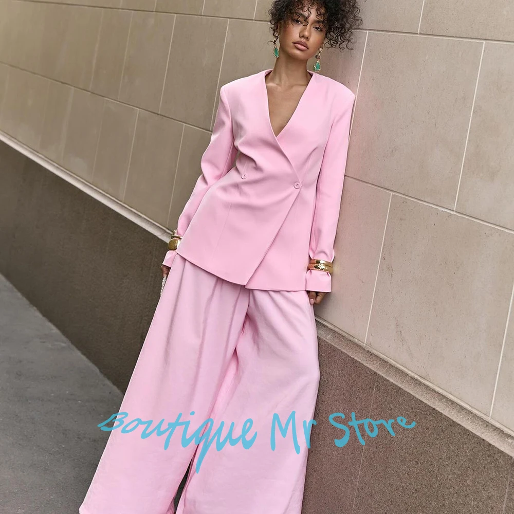 

Chic Pink Women's Jacket Double Breasted Deep V-neck Blazer+Pants Sets Daily Streetwear Suit Elegant Office Lady Clothing