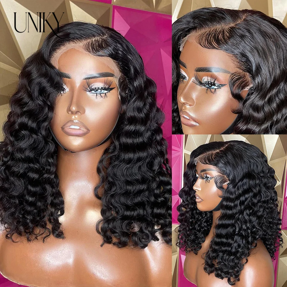 Human Hair Wigs For Women Brazilian Deep Wave Frontal Wig 180 Density Transparent T Part Lace Wig Jerry Curl Bob PrePlucked Remy