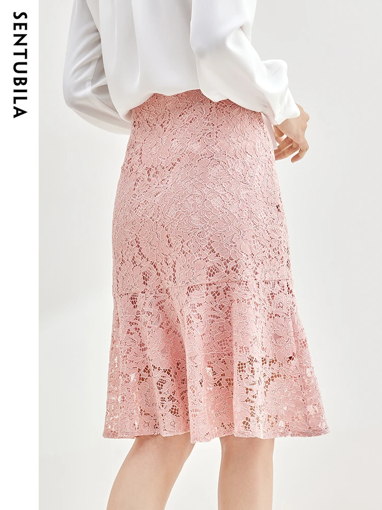 SENTUBILA Trumpet Jacquard Lace Skirt Women 2024 Spring Elegant High Waist Mermaid Fashion Romantic Hollow Skirts 133Q51839