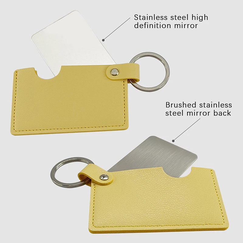 Roestvrijstalen Shatter-Proof Ultra-Dunne Cosmetische Spiegel Met Sleutelhanger Draagbare Pu Lederen Mouw Pocket Card Spiegel Make-Up