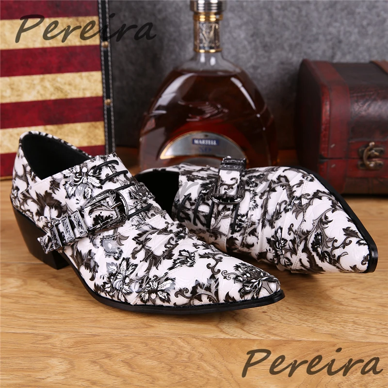 

Metal Buckle Skeleton Print Oxford Shoes Men's Genuine Leather Pointed Toe High Heel Shoes Party Wedding Business Dress Shoes
