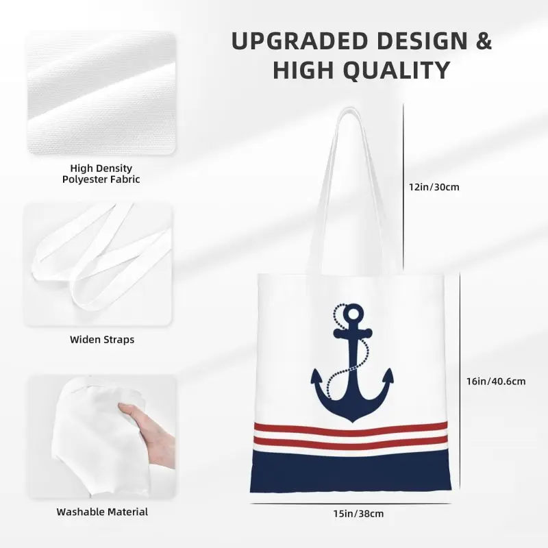 Custom Cute Print Nautical Navy Blue Anchor With Stripes Tote Shopping Bags Canvas Shoulder Shopper Sailing Sailor Handbag