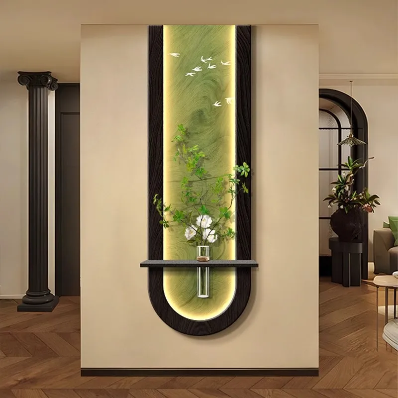 Modern Green Sandstone Texture Wall Decoration Home Hanging Oil Paintings With LED Lights And Plant Vases