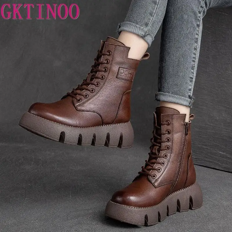 GKTINOO 2024 Warm Wool Genuine Leather Women Boots Flat Booties Soft Cowhide Women\'s Shoes Zip Ankle Boots zapatos mujer