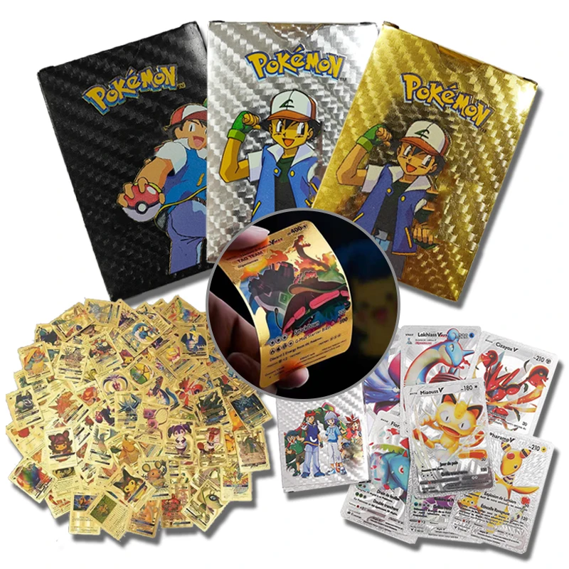 55 Tarjetas Pokémon Vmax GX con Lámina Dorada, Caja de Juego Interactivo, Juego en Inglés y Español, Colección de Tarjetas de Batalla Coloridas, Regalo