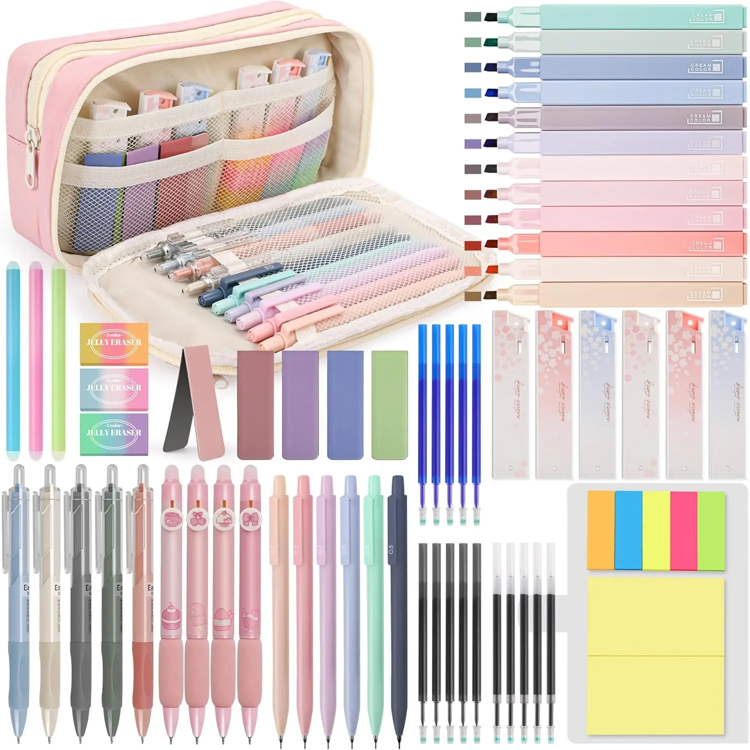 

61 PCS Aesthetic School Supplies Set with Cute Pencil Case, Pastel Highlighters, Gel Pens, Erasable Pens, Mechanical Pencils, Refills - Complete Stationery Kit for Students (Pink)