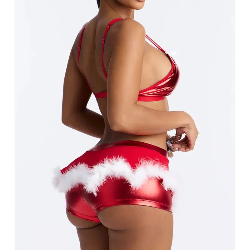 Women Christmas Santa Costume Set Shiny Metallic Bow‑Decor Bralette Faux Fur Trim Shorts Feather Two‑Piece Outfit For Xmas Night