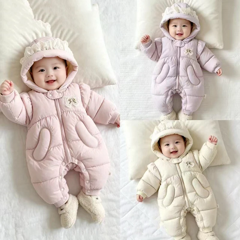 2026 Winter New Baby Girls Bodysuit Solid Color Lining Plush Thick Warm Hooded Zipper Jumpsuits For Infant Kids Out Romper 6M-3Y