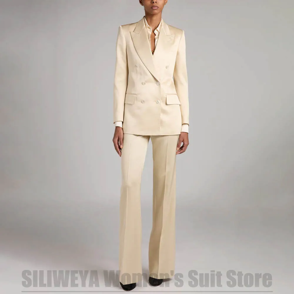 Chic Satin Women's Double Breasted Suit 2 Piece Peak Lapel Formal Outfit for Wedding Prom Business Event Shiny Fabric Suits