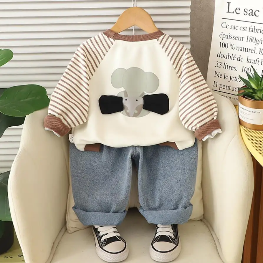 Ropa de otoño para bebés, conjuntos para niños pequeños, jersey con estampado de elefante a rayas, sudaderas con capucha y pantalones vaqueros, trajes de dos piezas para niños