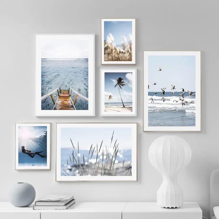 Wall Art Canvas Painting Beach Waves Coconut Trees Sea Turtles Seagulls Reeds Summer Posters Pictures For Living Room Home De