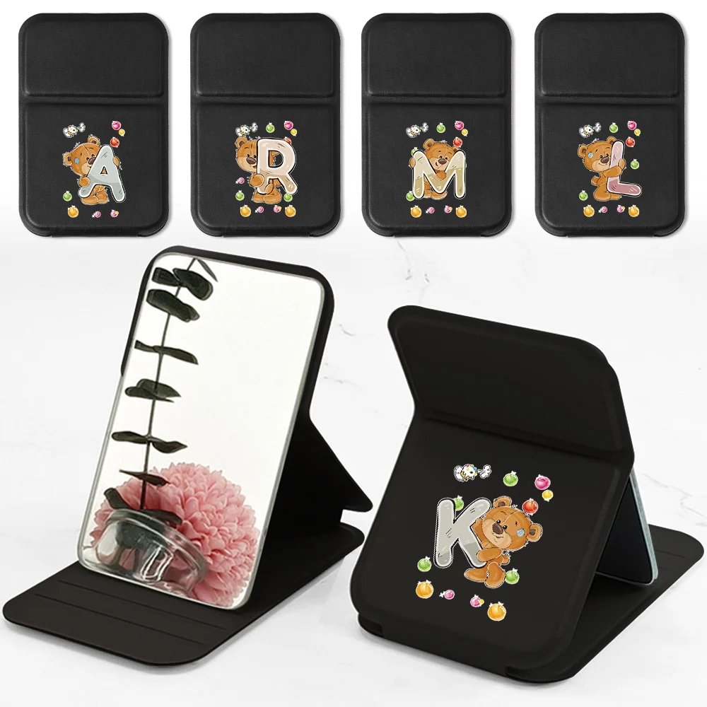 Portable Folding Vanity Mirror PU Leather Cover Makeup Mirror Dustproof For Purse Pocket Cosmetic Mirror Fun Bear Letter Pattern