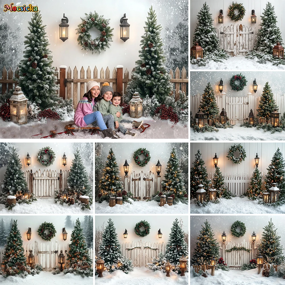 

Christmas Snow Scenery Photography Background Xmas Tree Wreath Lantern Fence White Backdrop Kid Winter Outdoor Photoshoot Studio