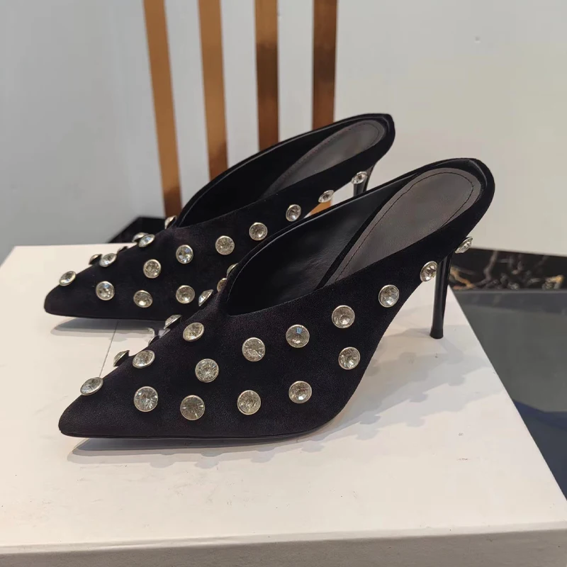 

Runway Look Rhinestone Polka Dot Suede Half Head Slipper High-Heel Wedding Genuine Leather Summer Stiletto Heel Women Shoes