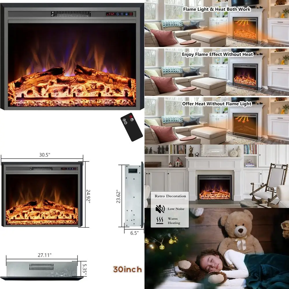 

30-Inch Electric Fireplace Insert with Recessed Heater, Remote Control, Adjustable Flame Colors, and Timer