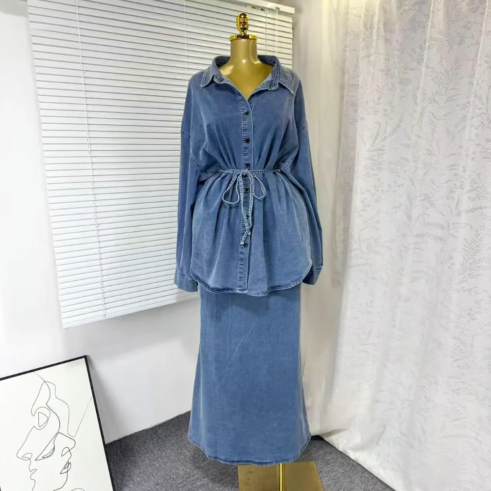 

Осенние женские комплекты из двух предметов, джинсовая юбка, рубашка с длинными рукавами, топы, длинные юбки с рыбьим хвостом, узкая талия, Y2k, уличная одежда, элегантная работа