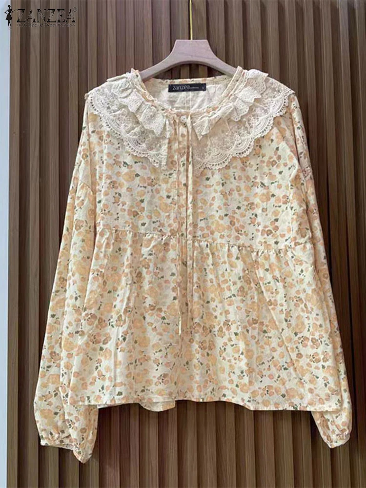 

ZANZEA 2025 весенняя повязка Blusas, милая блузка с цветочным принтом, праздничные рубашки с кукольным воротником, женские винтажные кружевные рубашки с вышивкой