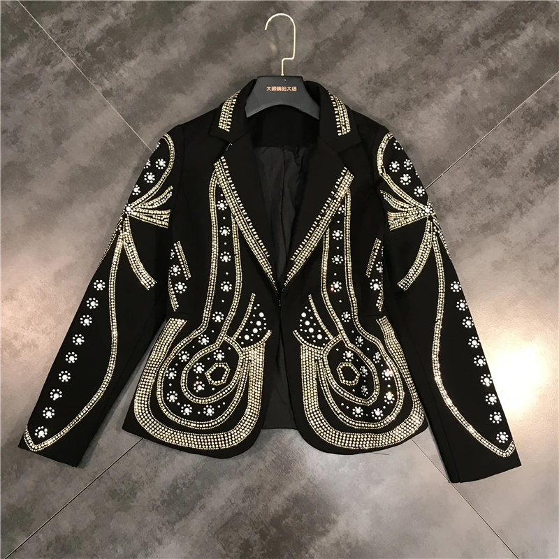 Primavera New Heavy Industry Golden strass Design Business Suit cappotto corto giacca blazer nera da donna Nightclub Top