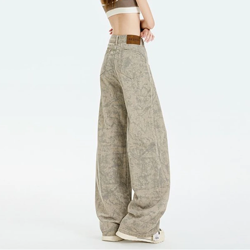 FINEWORDS Vintage High Waist Printed Jeans Women Easymatch Streetwear Wide Leg Jeans Full Length Tie-dye Loose Jeans