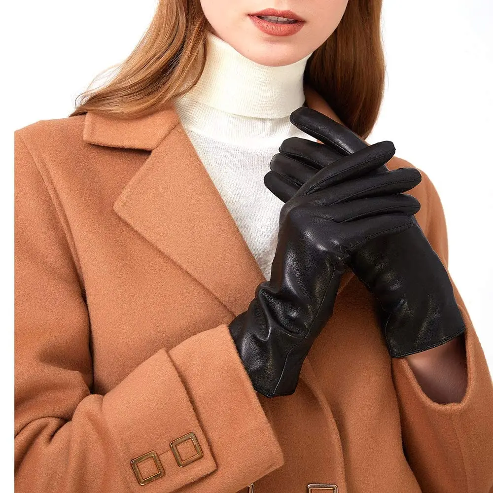 High Quality Full Finger Black Riding Gloves Women PU Leather Glove Winter Warm Touch Screen Gloves  Winter Outdoor Sports Glove