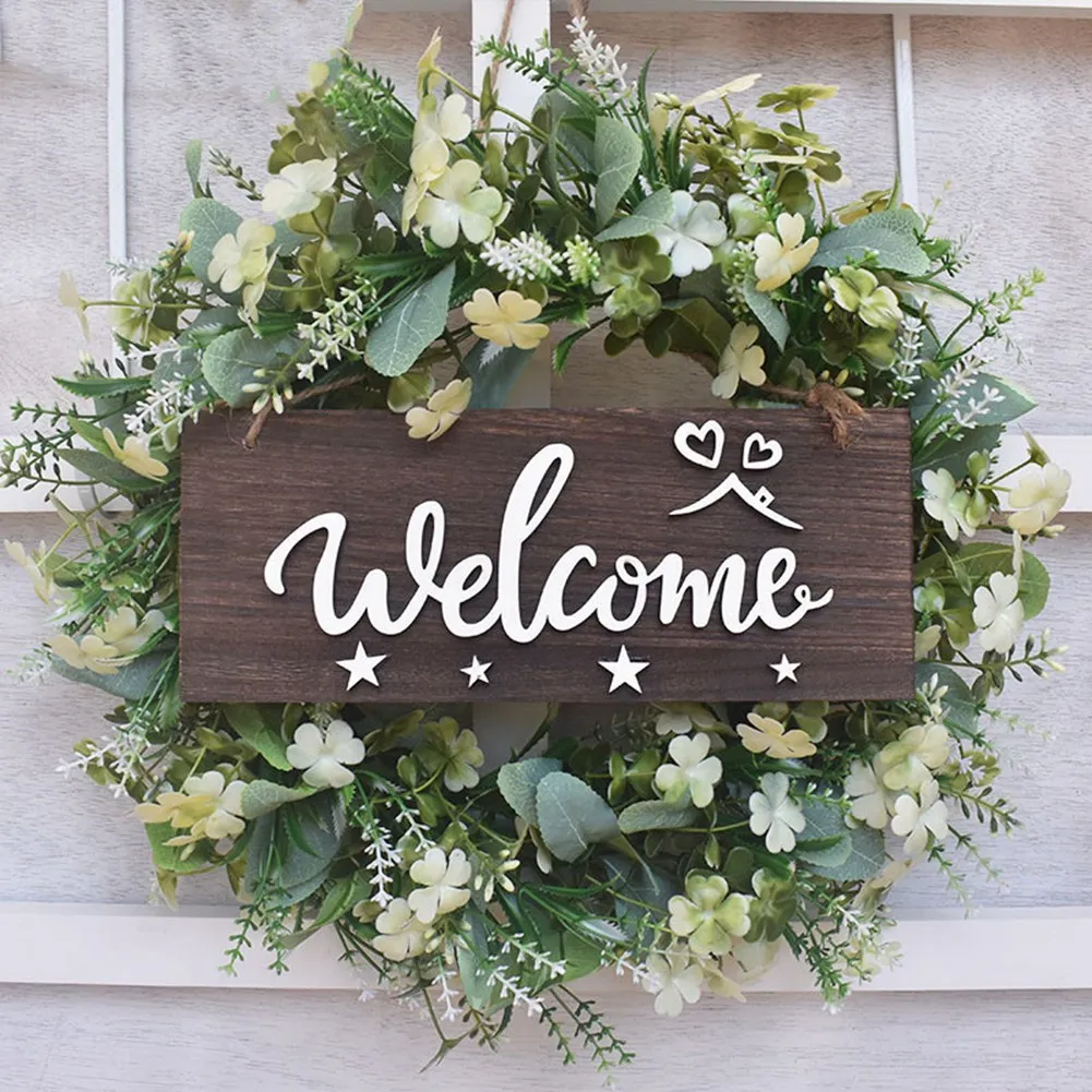 Искусственный венок, магазин добро пожаловать в переднюю фотографию, венок для растений в фермерском стиле с цветочным оформлением, свадебное украшение