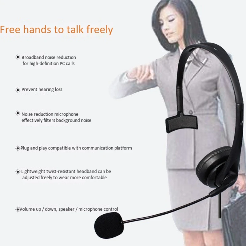 2X USB Call Center Headset With Noise Cancelling Mic Monaural Headphone For PC Home Office Phone Service Plug And Play