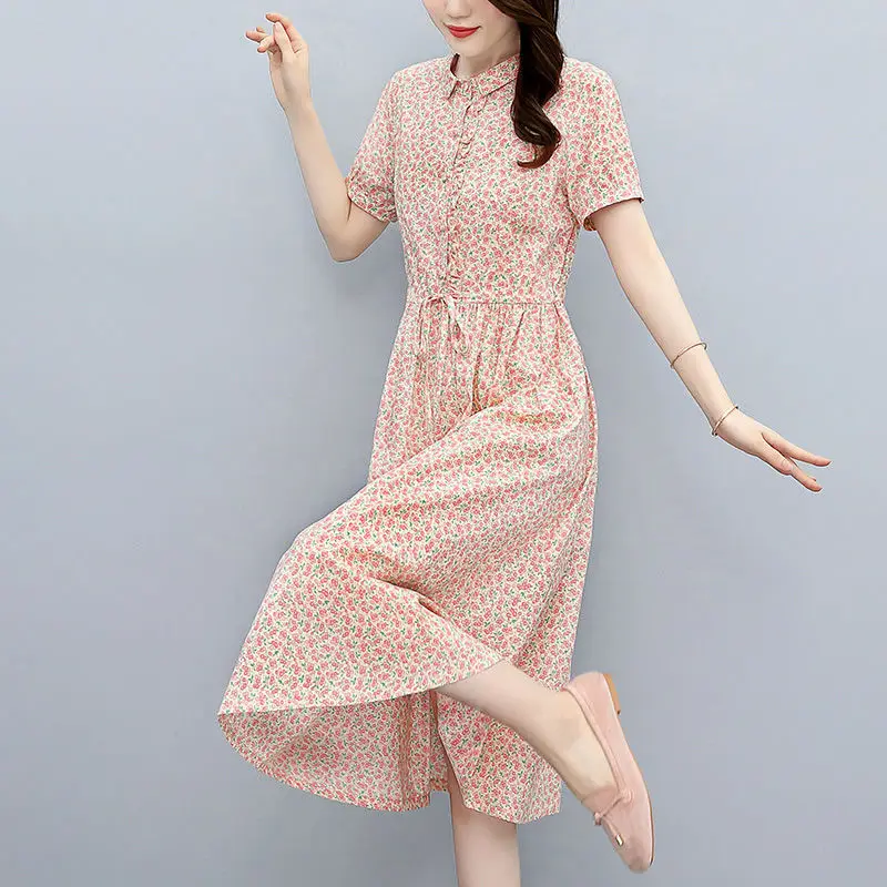 Lapel Pure cotton Floral Dress For Women 2024 Summer Vacation Outfit Elegant Vintage Long Sleeve Tie Belt Swing Midi  Dresses