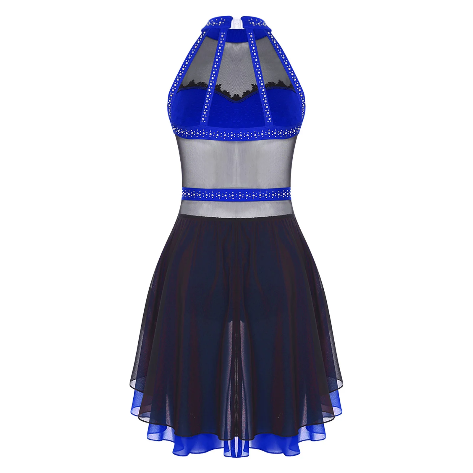 

Women Lyrical Dance Figure Skating Dress Halter Backless Rhinestones Mesh Patchwork Leotards Dress Modern Dancewear Performance