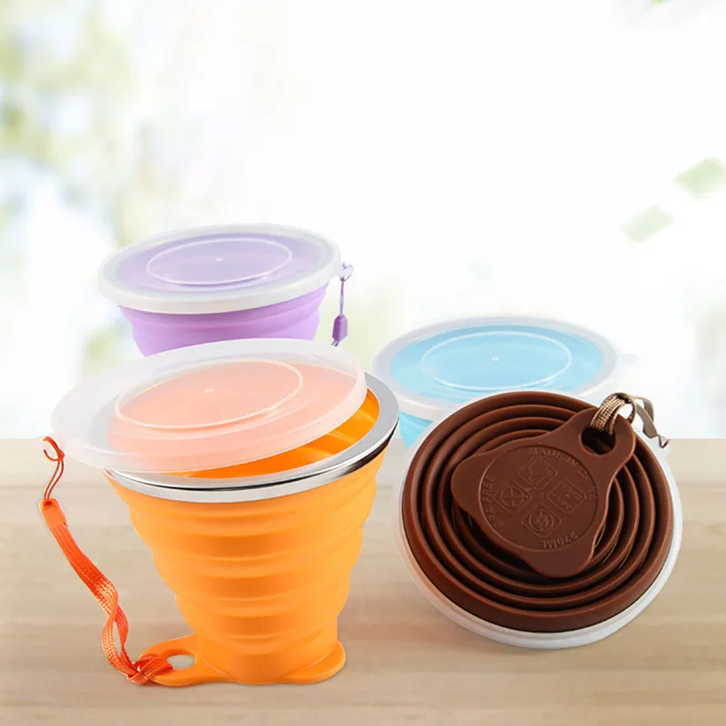 Mini Retractable Cup Folding Cup SiliconeOutdoor Travel Portable Teacup Coffee Drinking Mug with Lid