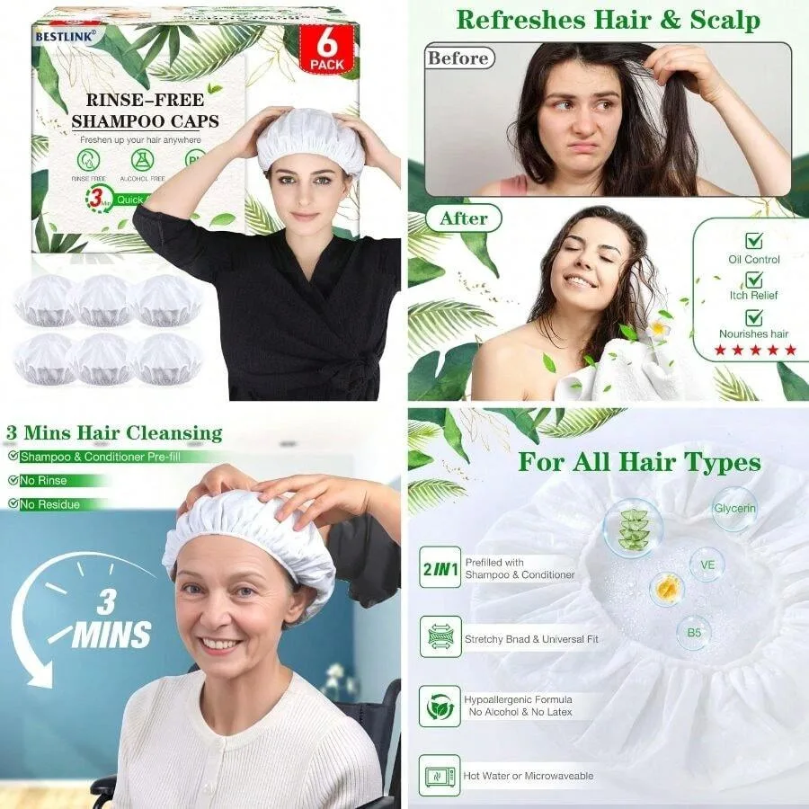 

Shampoo Caps No Rinse, 6 Pack Waterless Shampoo Caps Bedridden Patients And Elderly, Rinse Hair Washing Shower Caps Post Surger